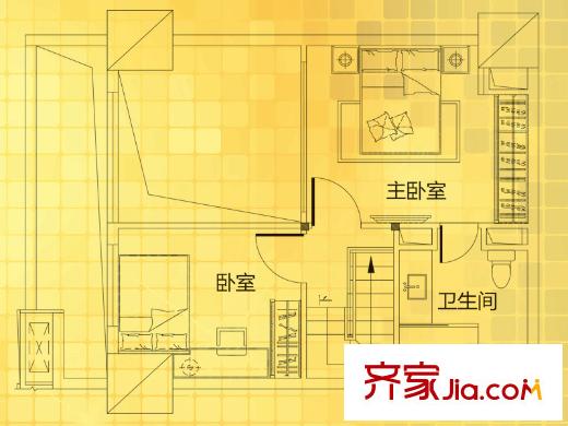 万科派C户型第二层户型图 3室2厅2卫1厨