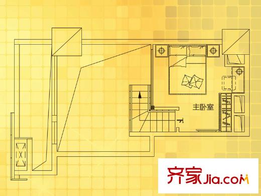 万科派B户型第二层户型图 1室2厅1卫1厨