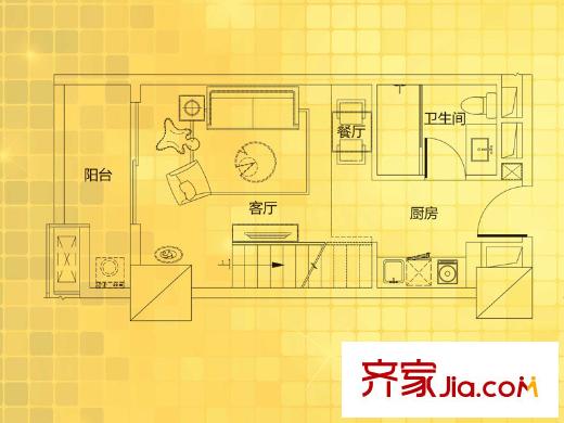 万科派A户型首层户型图 1室2厅1卫1厨