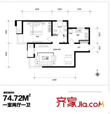 路勁太陽(yáng)城清霖園戶型圖清霖園1、3號(hào)樓標(biāo)準(zhǔn)層12戶型（售罄） 1室2廳1衛(wèi)1廚