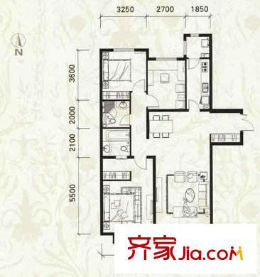 富力津門湖克拉公館戶型圖 戶型圖 3室2廳2衛(wèi)1廚