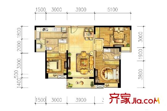 中海誉城北苑A6栋标准层02单位 3室2厅2卫1厨