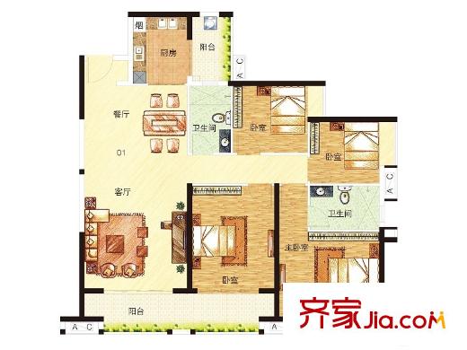中海誉城南苑A8-2栋2-33C层01单位 4室2厅2卫1厨