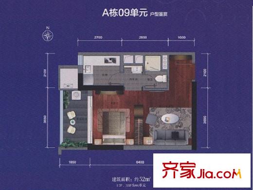 尚东君御A栋09户型 1室1厅1卫1厨