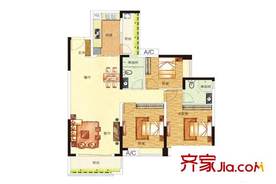 中海誉城北苑A3栋01单元户型图 3室2厅2卫1厨