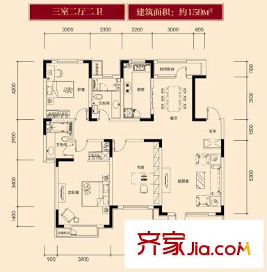 津濱藏錦戶型圖高層標準層3g戶型 3室2廳2衛(wèi)1廚
