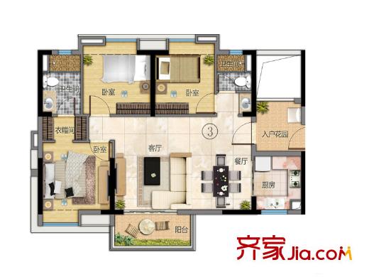 万科东荟城C11、12栋03户型 3室2厅2卫1厨