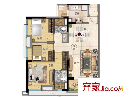 万科东荟城C11、12栋02户型图 3室2厅2卫