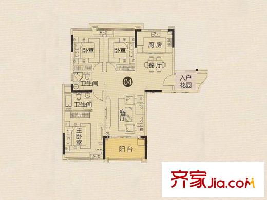 观园壹号A3栋04户型 3室2厅2卫1厨