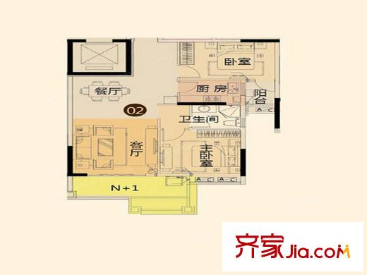 观园壹号A1、A2栋02户型 2室2厅1卫