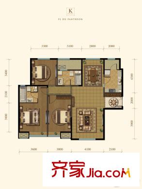 融創(chuàng)王府壹平方米三期高層3號樓標準層K戶型 3室2廳2衛(wèi)1廚
