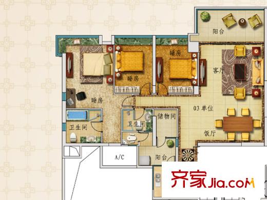 凯旋新世界T17栋03户型 3室2厅3卫1厨