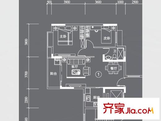 星云轩E栋01户型 2室2厅1卫1厨