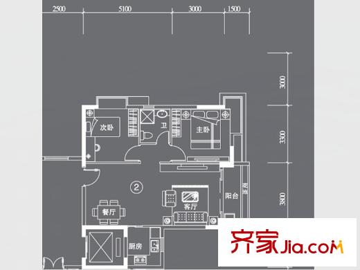 星云轩E栋02户型 2室2厅1卫1厨