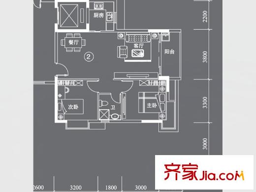星云轩D栋02户型 2室2厅1卫1厨