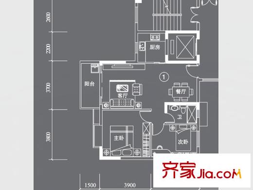 星云轩D栋01户型 2室2厅1卫1厨