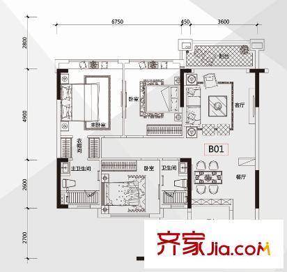 丰泰城市公馆2-3栋B01户型 3室2厅2卫1厨