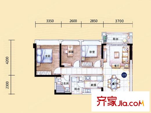 敏捷・金月湾15座03户型 3室2厅2卫1厨