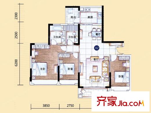 敏捷・金月湾15座02户型 3室2厅2卫1厨