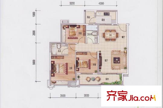 倾城国际3/4栋01/02户型 3室2厅2卫1厨