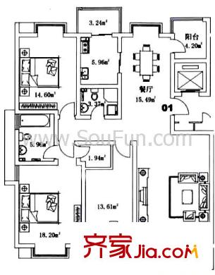 鳳凰城戶型圖戶型圖 3室2廳1衛(wèi)1廚