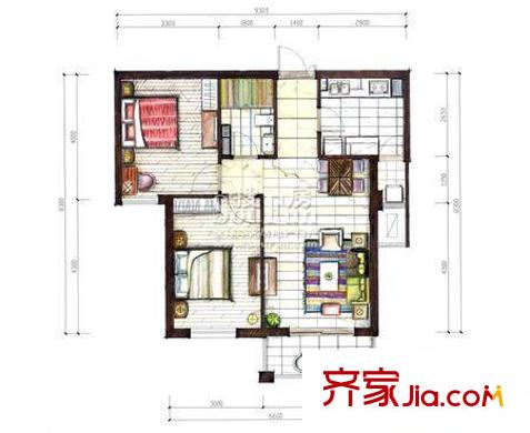 花園五座戶型圖F戶型 2室2廳1衛(wèi)