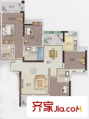 东湖映月F2栋02户型 4室2厅2卫1厨