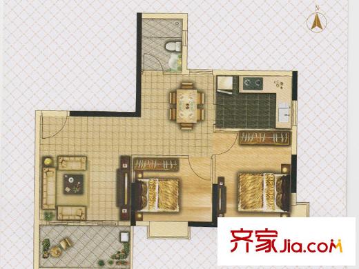 海珠湖景峰B1栋01户型 2室2厅1卫1厨