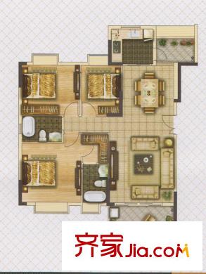 海珠湖景峰D1栋02户型 3室2厅2卫1厨