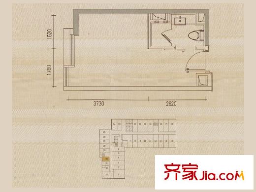 佛奥广场单元30户型 1室1卫1厨