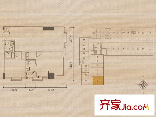 佛奥广场单元1户型 2室1厅1卫1厨