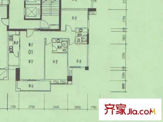 农林华府A栋01户型 3室2厅2卫1厨
