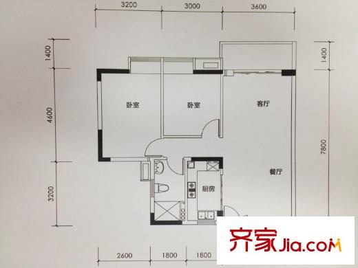 汇丽国际B栋11户型 2室2厅1卫1厨