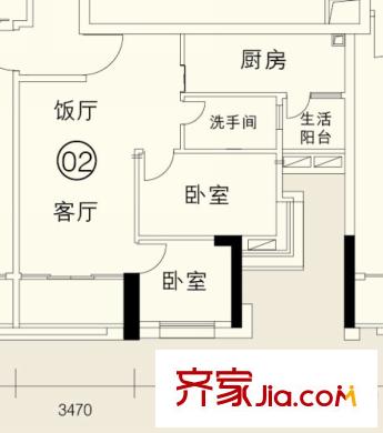 骏文雅苑C座02户型-东向 2室2厅1卫1厨