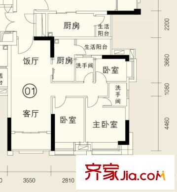 骏文雅苑C座01户型 东向 3室2厅2卫1厨