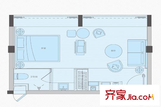广州云山国际B栋13单位户型图 1室1厅1卫1厨