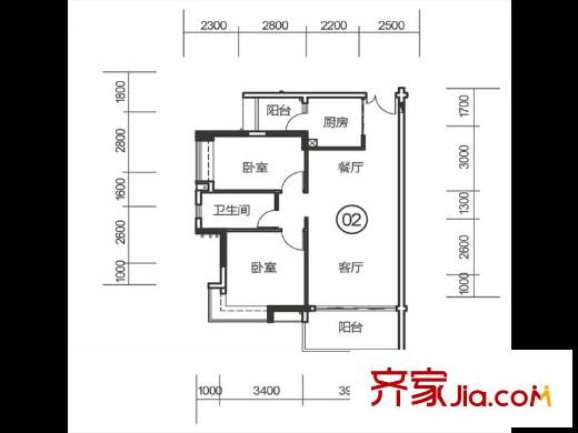 越秀・可逸江畔三期23栋02户型 2室2厅1卫1厨