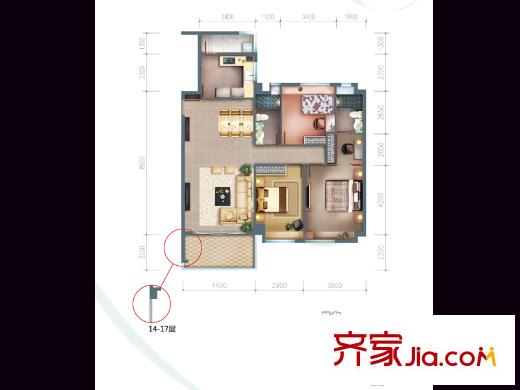 观山苑三期三期c2栋133方户型图 3室2厅2卫1厨