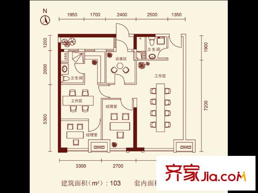 合生广场D、E栋103平米户型图 2室2厅2卫1厨