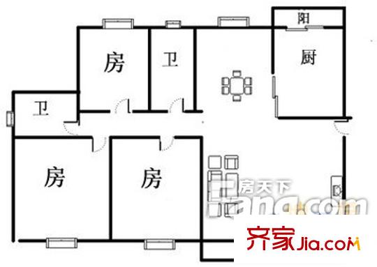 金碧御水山庄户型图3室2厅户型图 3室2厅2卫1厨