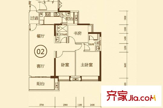 保利平方米熙1栋02户型 3室2厅2卫1厨