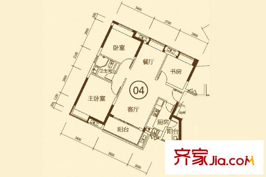 保利平方米熙1栋04户型 3室2厅1卫1厨
