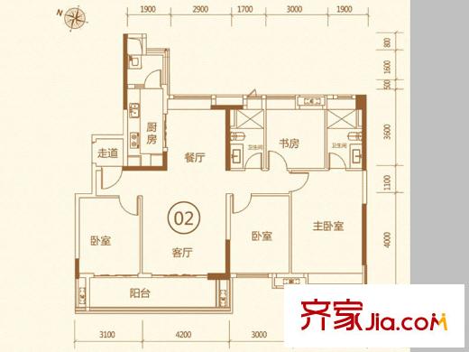 保利平方米熙2栋02户型 4室2厅2卫1厨