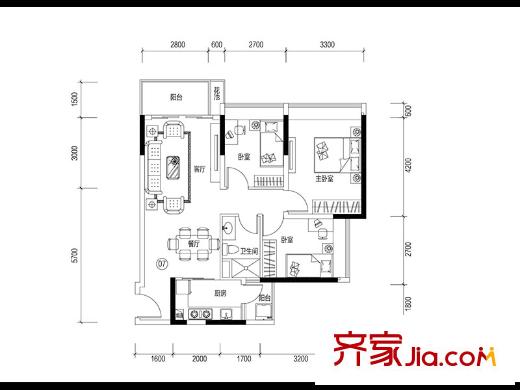 诺德名筑四座一梯户型图 3室2厅2卫1厨
