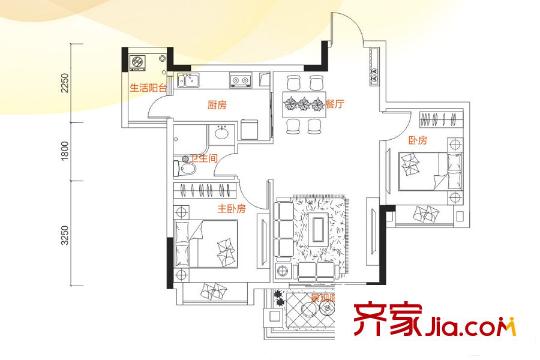 中森茗苑12-14栋02户型77平 2室2厅1卫