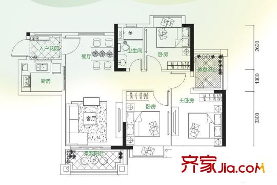 中森茗苑12-14栋01户型85平 3室2厅1卫
