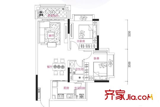 中森茗苑12-14栋06户型73平 2室2厅1卫