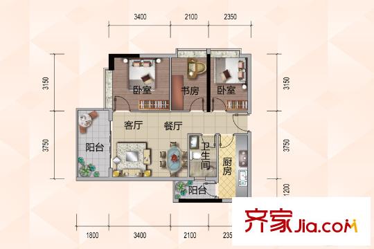 悦尚公馆A户型 3室2厅1卫1厨