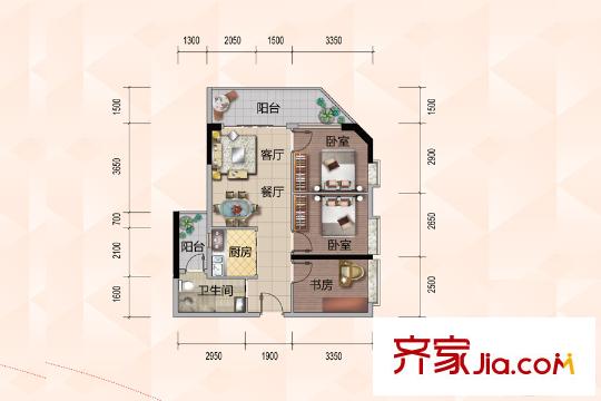 悦尚公馆E户型 3室2厅1卫1厨