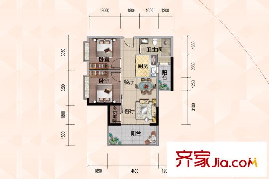 悦尚公馆F户型 2室2厅1卫1厨
